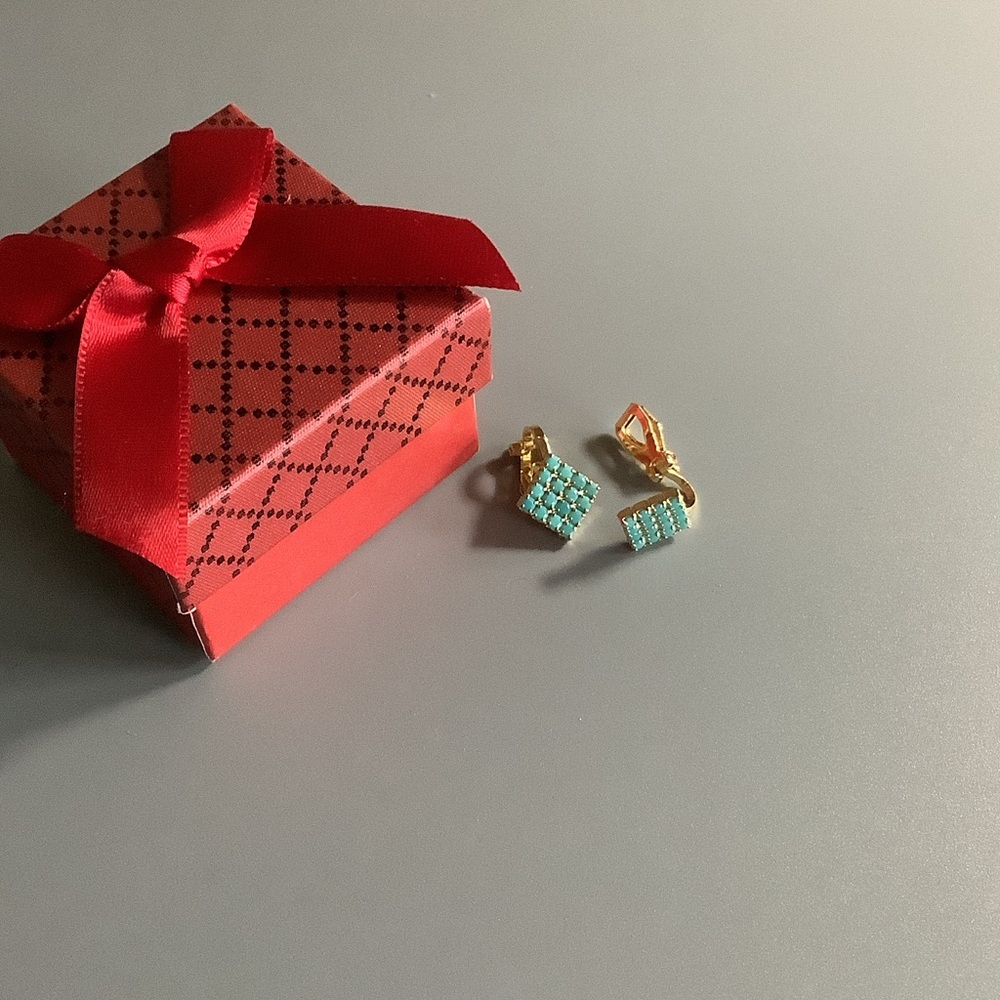 Gold Clip Earrings with Turquoise Square Pavé Accents